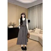 秋冬复古格子无袖连衣裙女2025韩系宽松显瘦设计感两件套连衣裙
