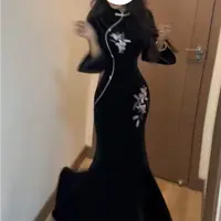 LHMknk1画报夫人原创自制刺绣丝绒手缝钉珠鸢尾花鱼尾步步生莲