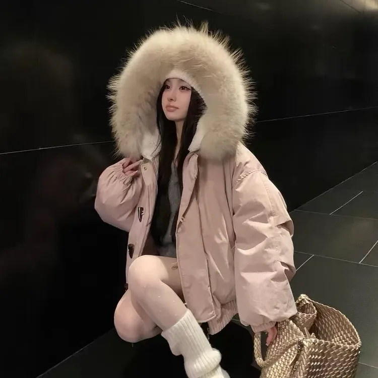 韩系棉服女大毛领派克服2025冬季新款加厚棉衣保暖牛角扣棉袄外套