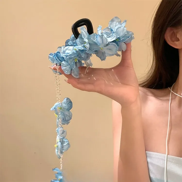 蓝色绣球花抓夹女后脑勺盘发鲨鱼夹流苏花朵发夹2025新款海边头饰