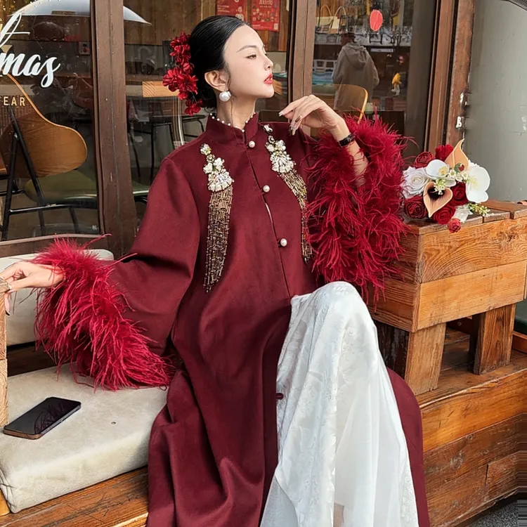 魏元高定/酒红色直下摆中式长款羊绒秋冬喇叭袖大衣-1094