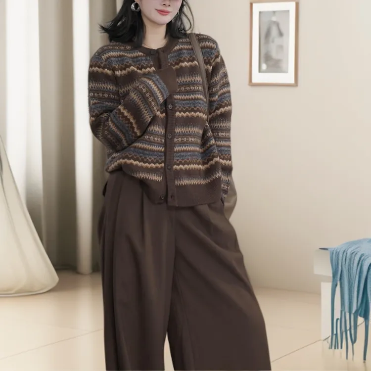 2025新款时尚撞色条纹长袖针织开衫外套同色休闲裤两件套装