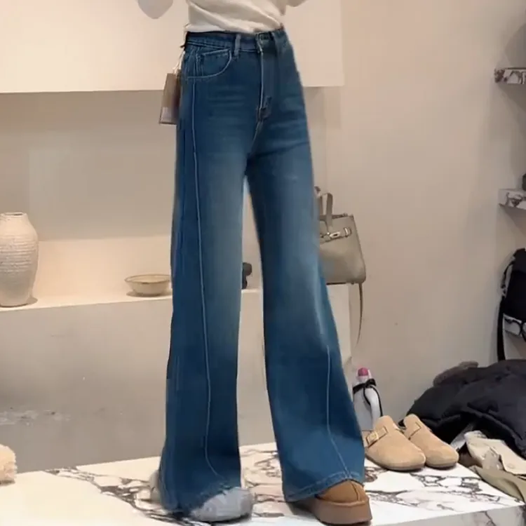 秋冬新款加绒喇叭裤高腰宽松时尚直筒牛仔裤LK2507952