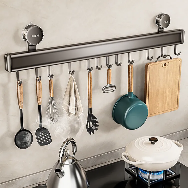 蓝藤免打孔枪灰吸盘排钩家用挂杆置物架锅铲勺子挂钩厨房收纳架子