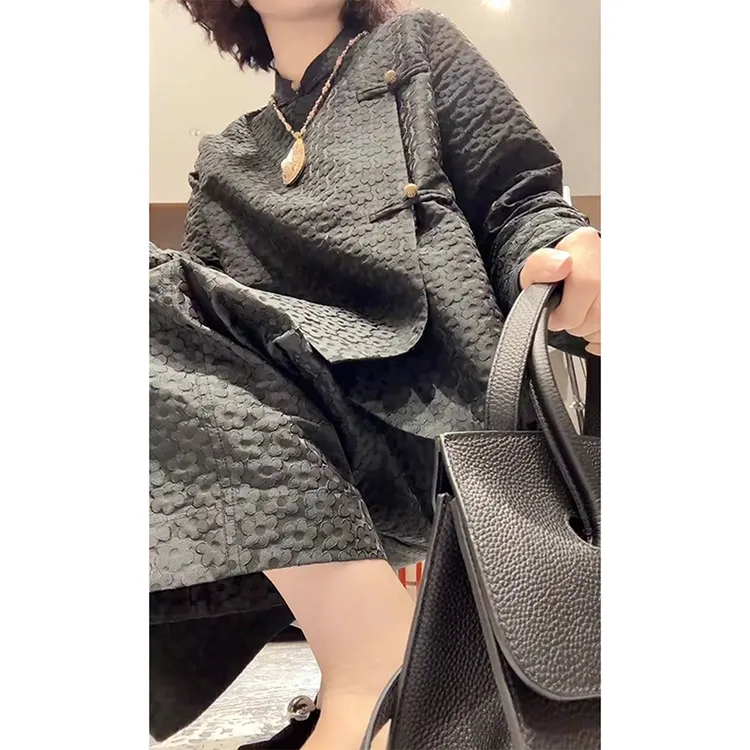 欧洲站2025秋季新中式国风百搭显瘦立领纯色上衣女高腰阔腿裤套装