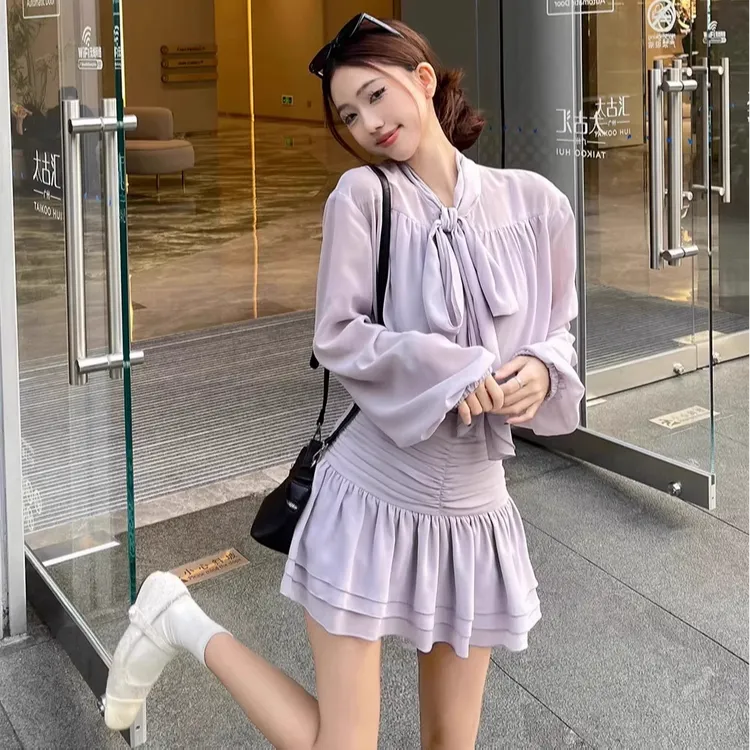 【紫色银河】纯欲显瘦蝴蝶结衬衫+显瘦半身短裙三件套-1