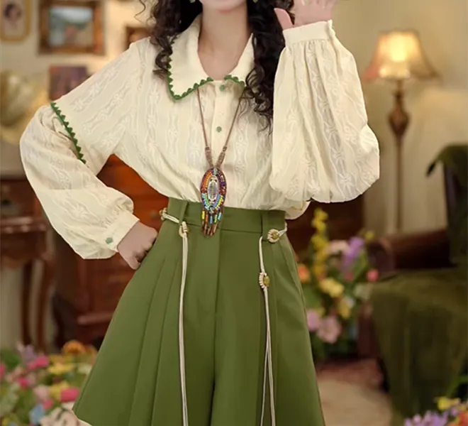 春秋季新款撞色拼接长袖衬衫女肌理感翻领宽松百搭上衣漂亮小衫女