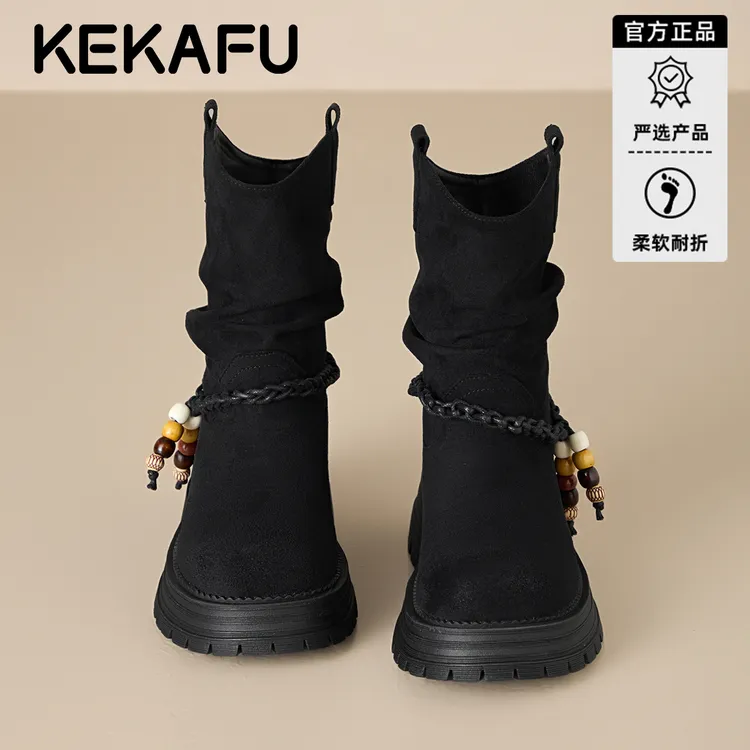 珂卡芙波西米亚风厚底小个子增高短靴子2025冬季新款黑色西部靴女