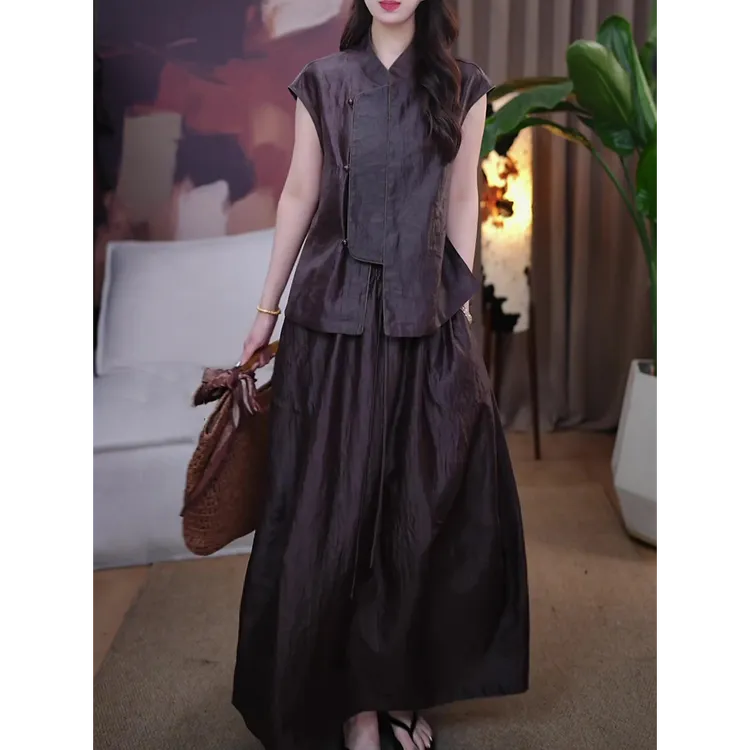 新中式复古文艺套装女2025夏装新款休闲百搭显瘦衬衫+半裙两件套