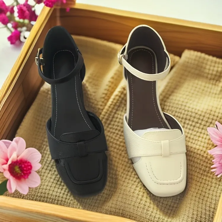 3cm/牛皮/法式简约时尚夏季新款包头凉鞋女粗跟百搭女鞋