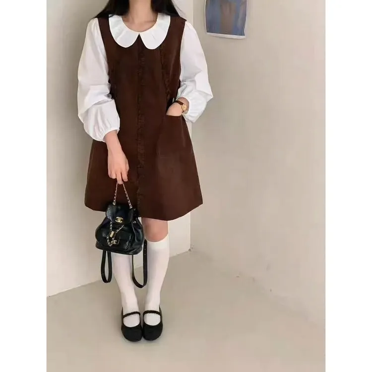 大码韩系显瘦无袖连衣裙新款学院风中长裙套装女99953#