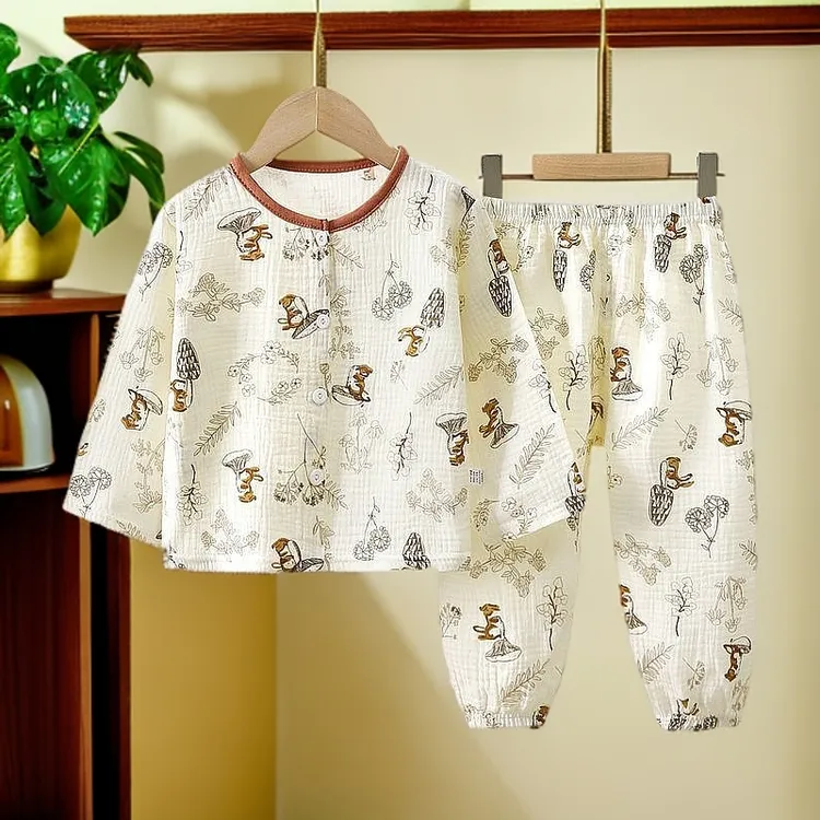 儿童双层棉纱套装睡衣纯棉夏季新款男童女童睡衣宝宝花边家居服