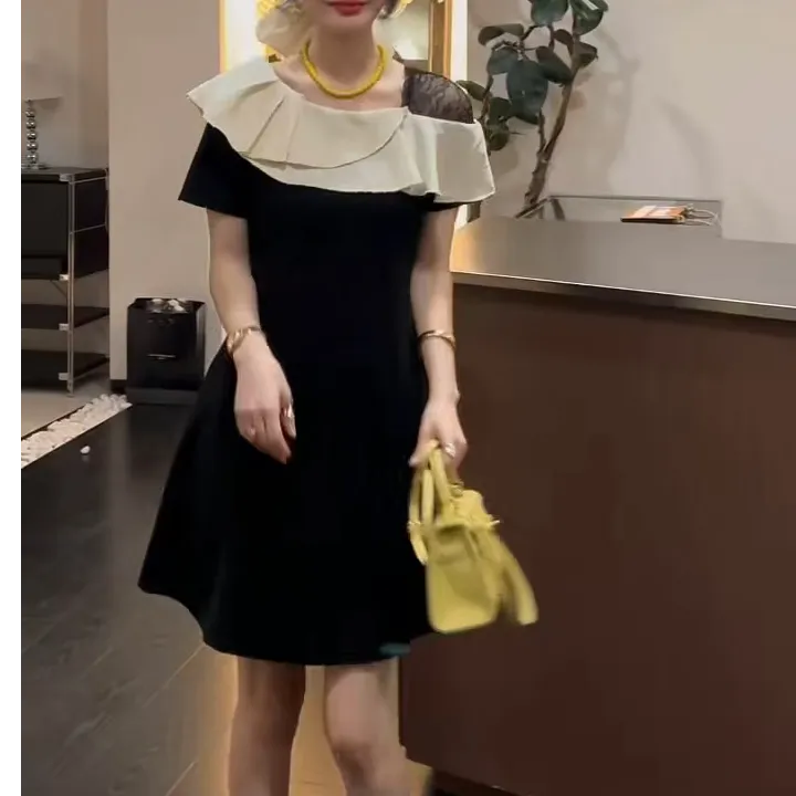 夏季高腰法式中裙A字裙一字领吊带荡领气质连衣裙女修身显瘦欧货