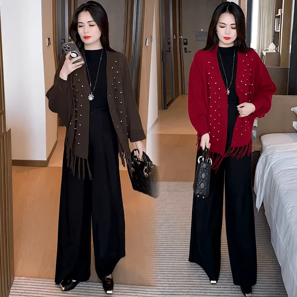 法式披肩保暖针织烫钻流苏外披女2025冬季新款洋气减龄气质短外套