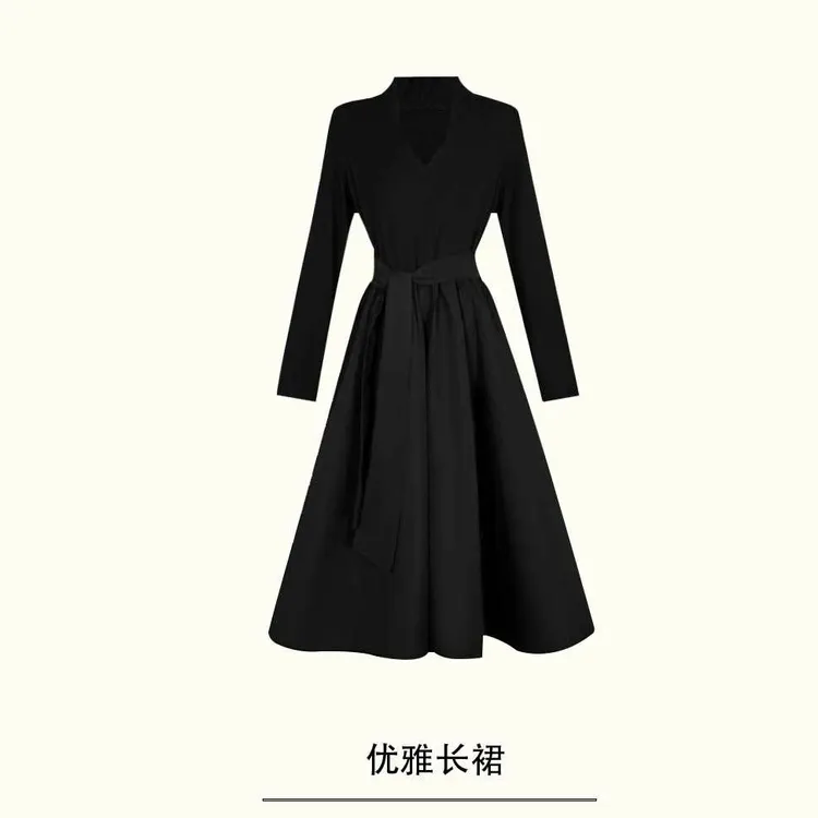 巨好看收腰带V领长袖连衣裙女新款气质赫本黑色拼接长裙5Q2036RS