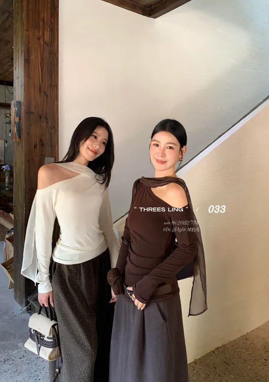 网纱飘带斜肩打底T恤女春秋新款高级感收腰修身显瘦内搭长袖上衣