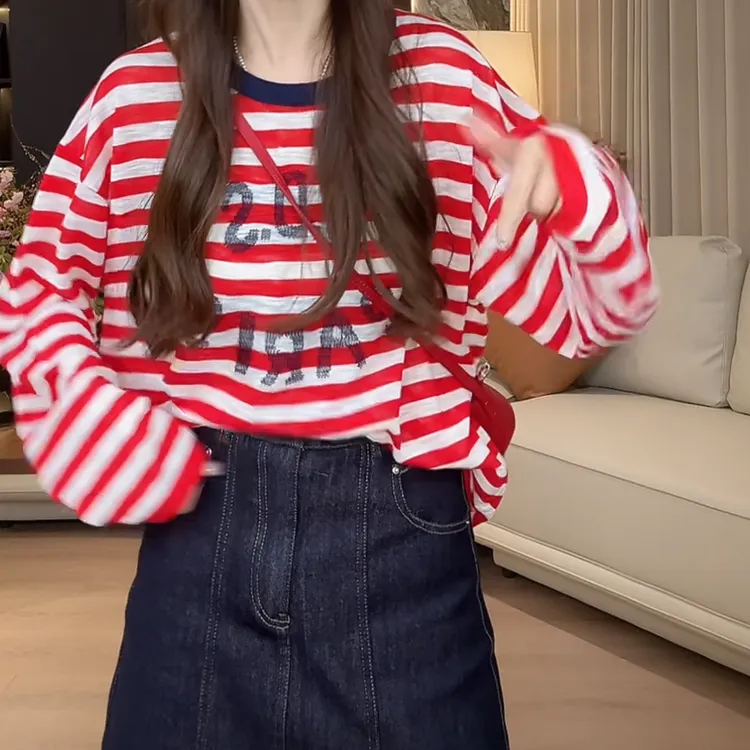 设计感撞色条纹字母长袖T恤女春季2025新款韩版显瘦百搭透气上衣