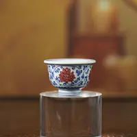 【墨舍名窑】景陶院青花釉里红缠枝小压手杯纯手工陶瓷主人杯手绘
