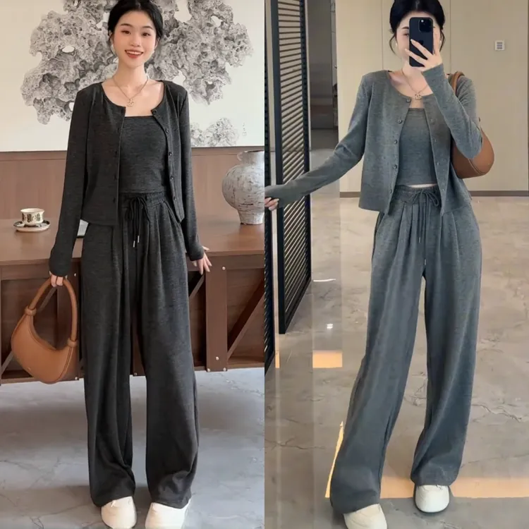 新款时尚运动套装宽松休闲吊带开衫阔腿裤三件套纯色秋季上市