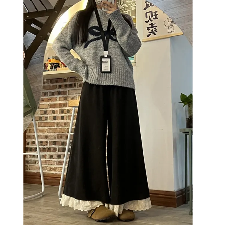 韩系早秋穿搭深灰色蕾丝花边拼接阔腿裤裙大码胖mm慵懒松弛感裙裤