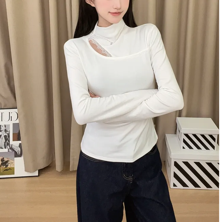 秋冬新款设计感半高领镂空蕾丝T恤打底女修身显瘦保暖内搭上衣