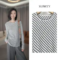 JIUNCCY【灰斜】斜条纹不对称排列透气舒适百搭长袖T恤衫 52YTX006