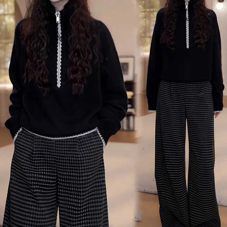 高领半拉链毛衣女秋冬慵懒风长袖针织衫