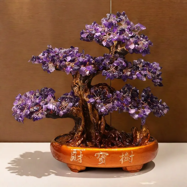 天然水晶树摆件黄水晶前台桌面装饰酒柜发财树客厅家居乔迁开业礼