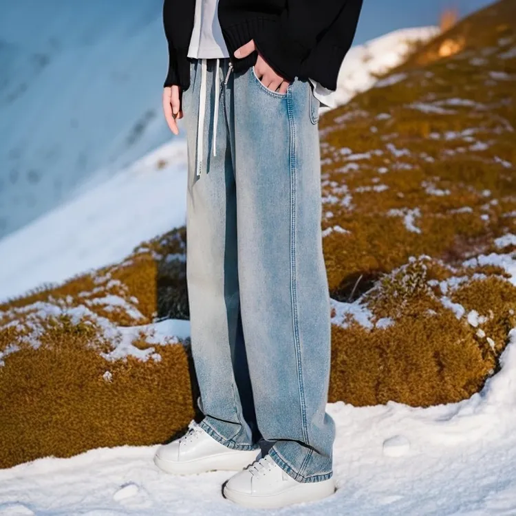 【Fashion】秋冬立体竹节复古蓝水洗牛仔裤宽松休闲百搭加长直筒裤