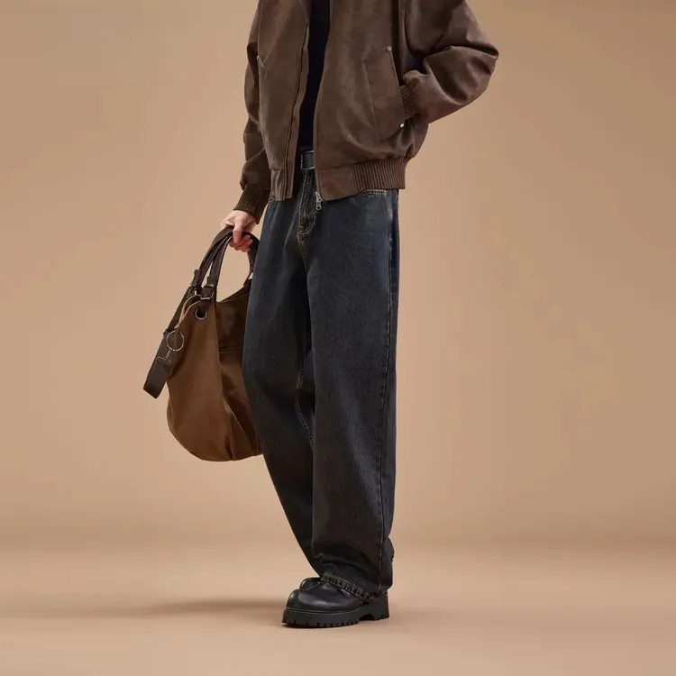 LM023秋冬男款黑色直筒宽松牛仔裤重磅单宁原牛日系宽松