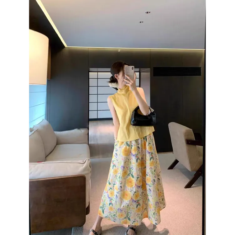 清纯之恋夏季韩系时尚气质飘带无袖衬衫+高腰显瘦半身裙两件套