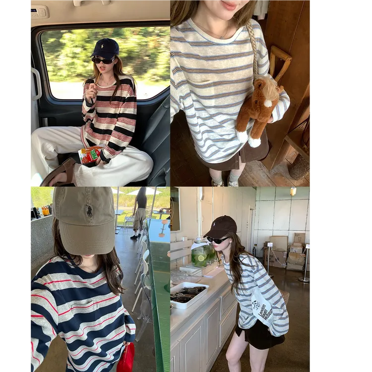 【miu系美学】早秋款复古慵懒条纹长袖圆领长袖条纹T恤宽松百搭上衣