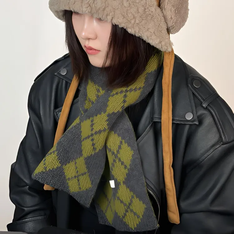 100%Wool韩系复古老钱风高级感菱格纹纯交叉围巾冬季保暖护颈围脖
