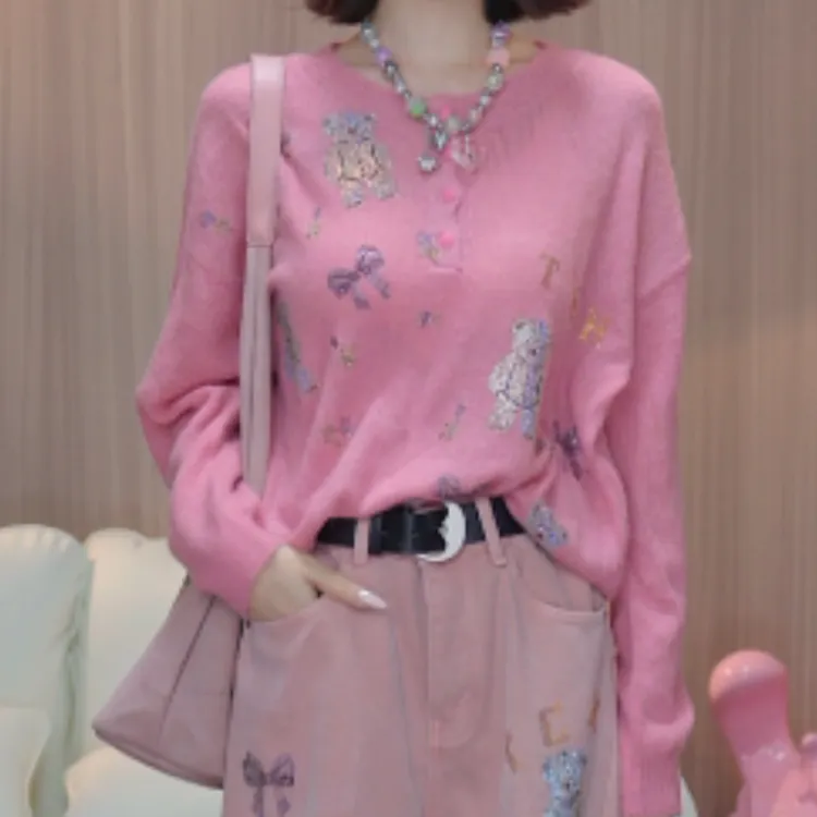 TCH私服秋冬慵懒风烫钻时尚淑女粉色针织衫T75D09E1029轻奢tch