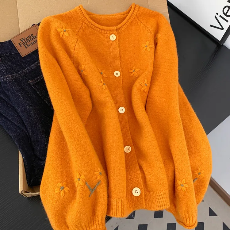 特大码胖mm高级橘色钩花针织开衫300斤女秋冬款圆领宽松舒适毛衣