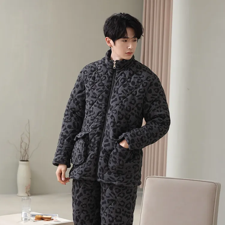 【拉链夹棉】冬季加厚男士睡衣三层针织夹棉套装-豹纹24361