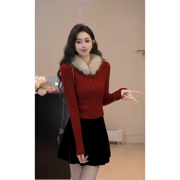 YUANLIANSU/圆脸酥【旧巷开花】法式时髦可拆卸毛绒领绞花针织衫女