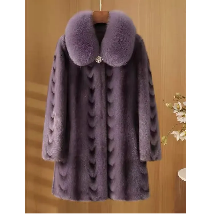 海宁水貂绒大衣女中长款真狐狸毛领妈妈款喜婆婆中老年百搭外套冬