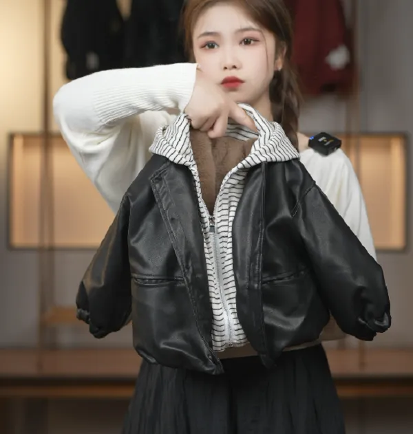 男童加绒皮衣外套女童2025冬季新款条纹假两件洋气时尚百搭外套