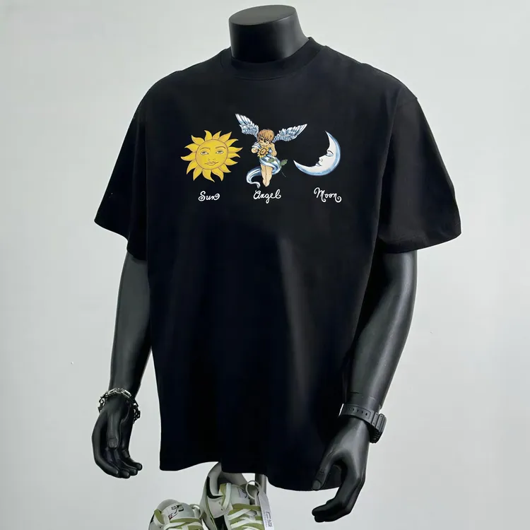 美式重磅纯棉260gT恤日月天使印花情侣短袖体恤男女打底t恤