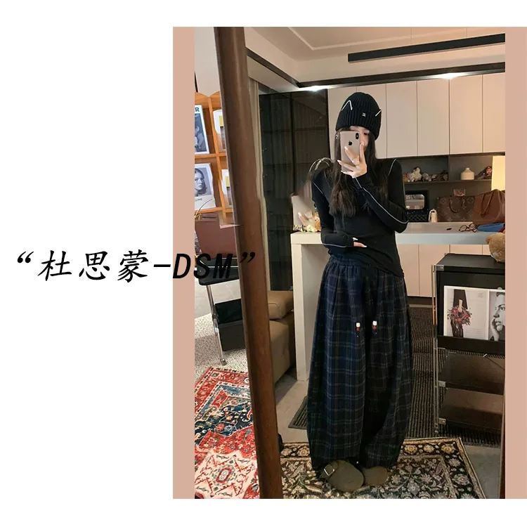 （杜思蒙服饰）8047-【宝藏裤子】韩版休闲舒适复古格纹加绒卫裤     