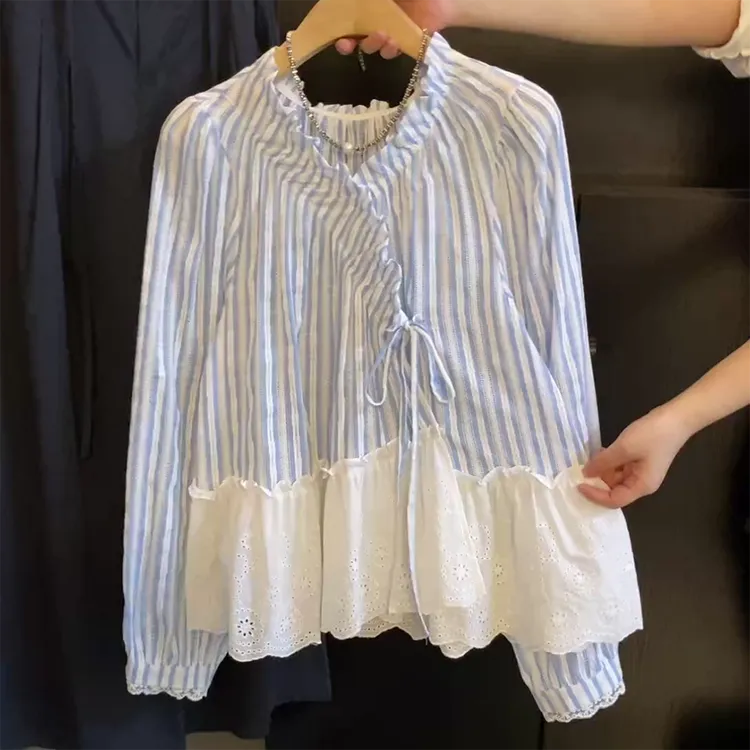 【海的复调】新款韩版气质木耳边V领系带清新蓝条纹衬衫C6446