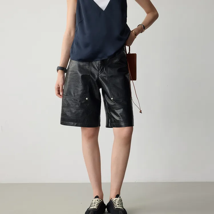 DE Mincollection铆钉皮中裤/小众金属工装绵羊皮五分皮裤40364