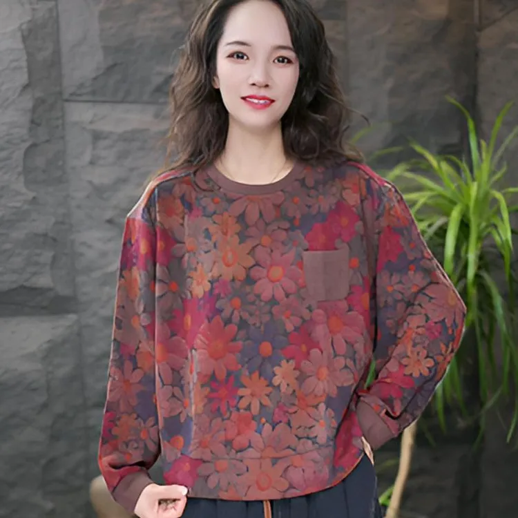 JJ【向日葵】常规款印花长袖圆领厚款短款卫衣女装提花打底衫T恤女