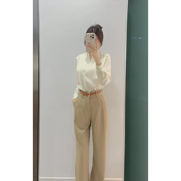 巷子里的话语v领通勤缎面衬衫女春夏季显瘦高级西裤套装超火新款
