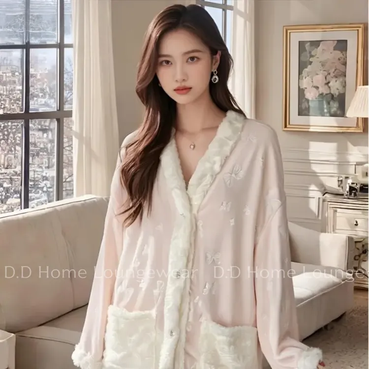 3D蝴蝶压花海岛绒睡衣套装女秋冬2025新款轻奢高级感家居服两件套