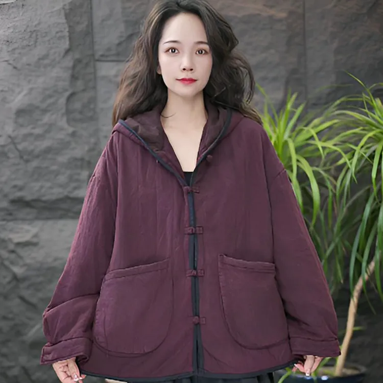 JJ宽松型长袖棉衣秋冬拼接女装连帽纯色棉服复古保暖加厚休闲