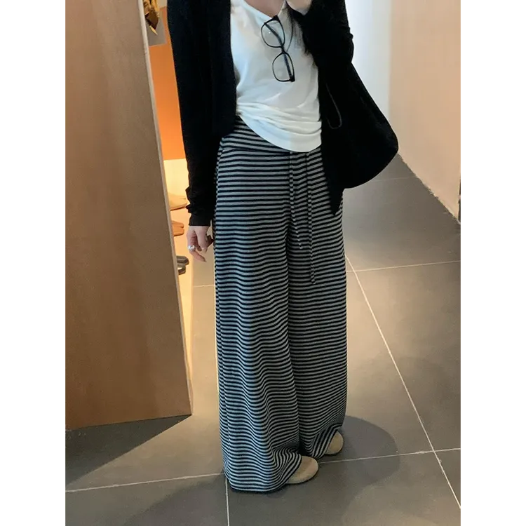 韩版宽松显瘦抽绳直筒长裤女舒适百搭高腰遮胯垂感条纹休闲裤