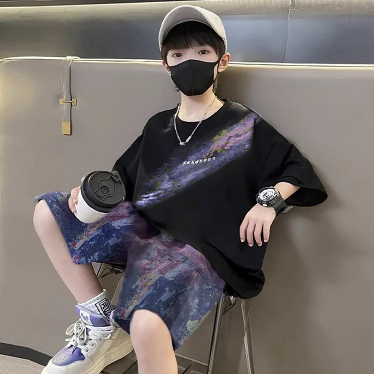 痞帅男童套季薄款2025新款儿童夏装短袖运动服中大童夏款两件套