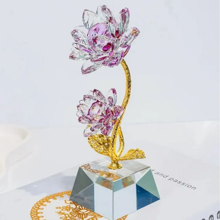 新紫色双头并蒂莲水晶莲花树客厅玄关家居装饰摆件